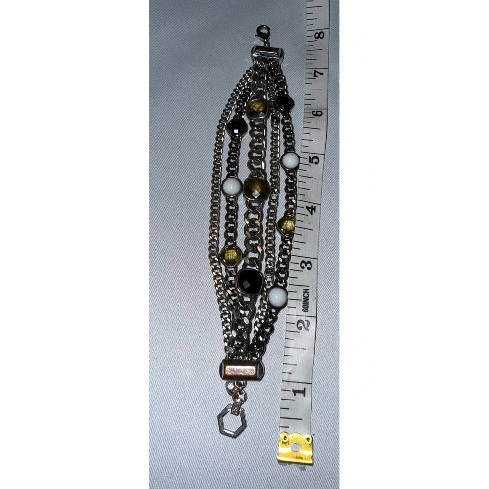Juicy Couture Multi Strand‎ Chain Bracelet Silver Tone Amber White Black Stones